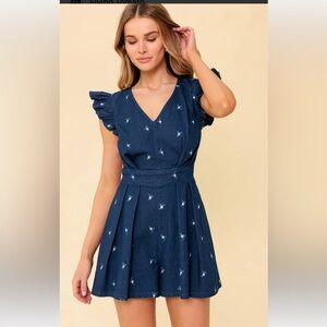 Flying Tomato Felicity Navy Blue cotton blend Floral Embroidered V-Neck Romper